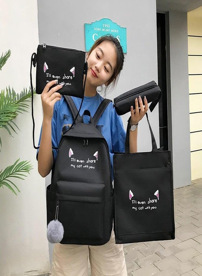 junelux Fashion Trend Girl Backpack School Bag | Student Backpack Set Cute Pink College 4-Piece Set Canvas Polyester Cartoon (Pink) - Image 5